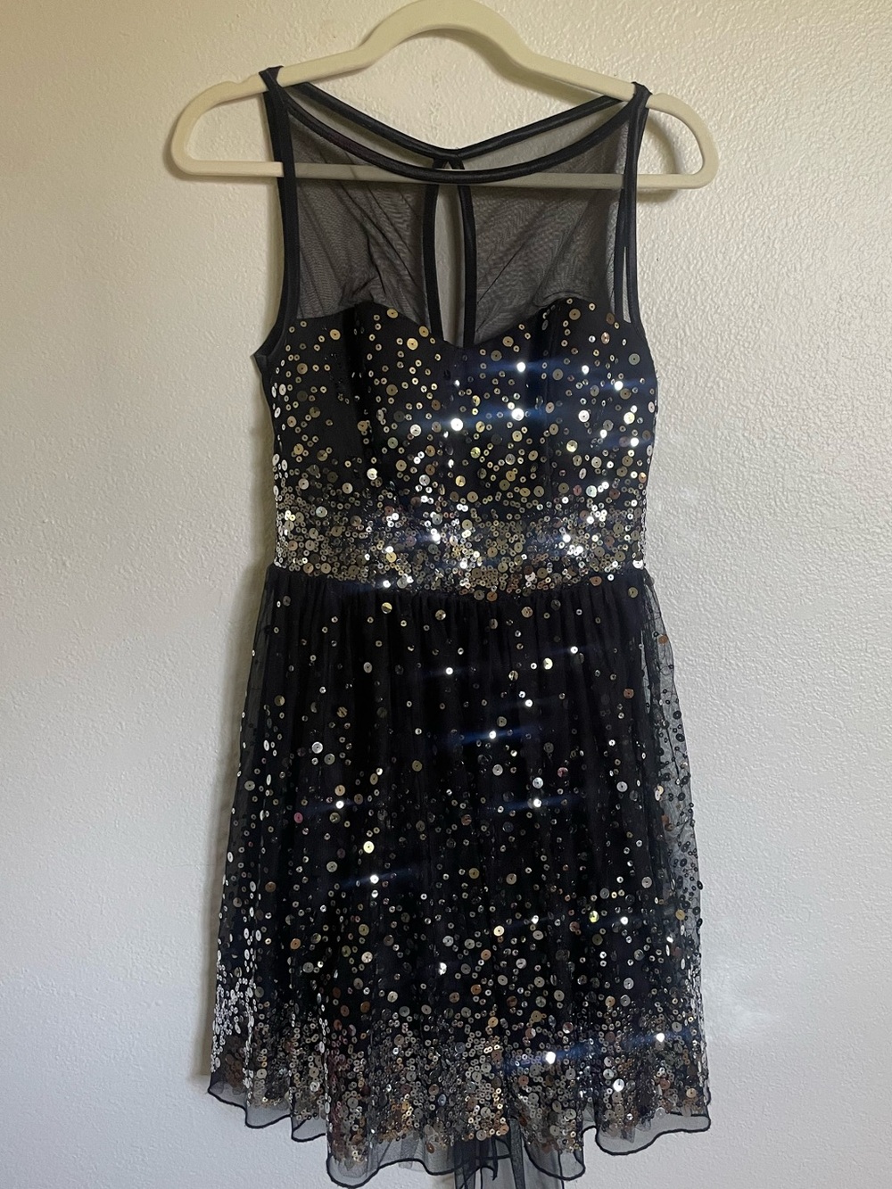 Vintage Ruby Rox Black Silver Sequin Mesh Illusion Neck Skater Dress Small